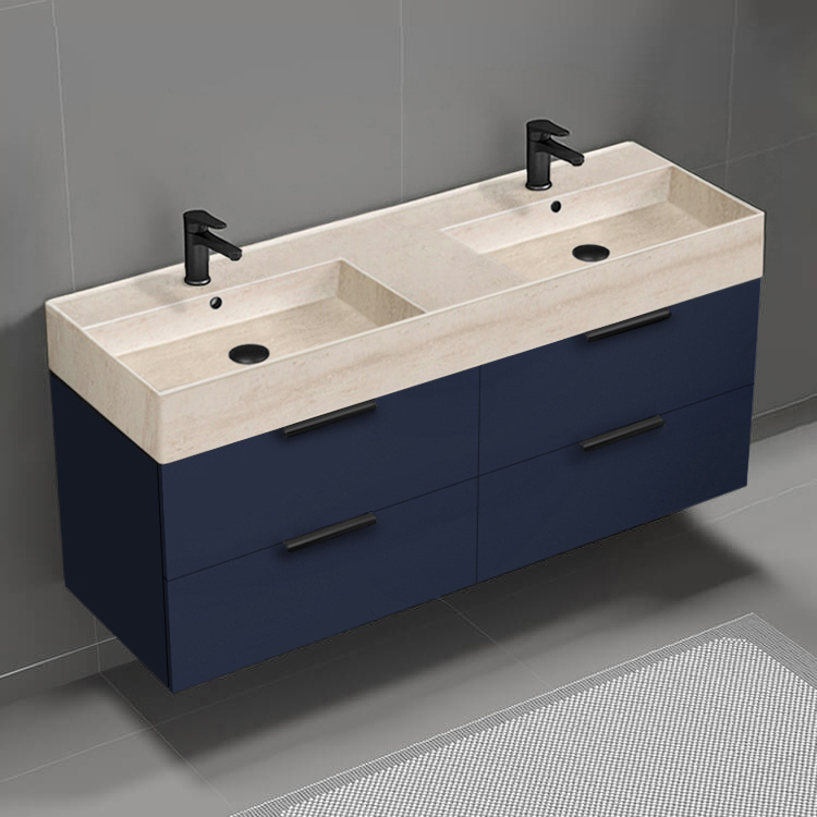 Nameeks DERIN468 56 Inch Bathroom Vanity With Beige Travertine Design Sink, Double Sink, Wall Mounted, Modern, Night Blue